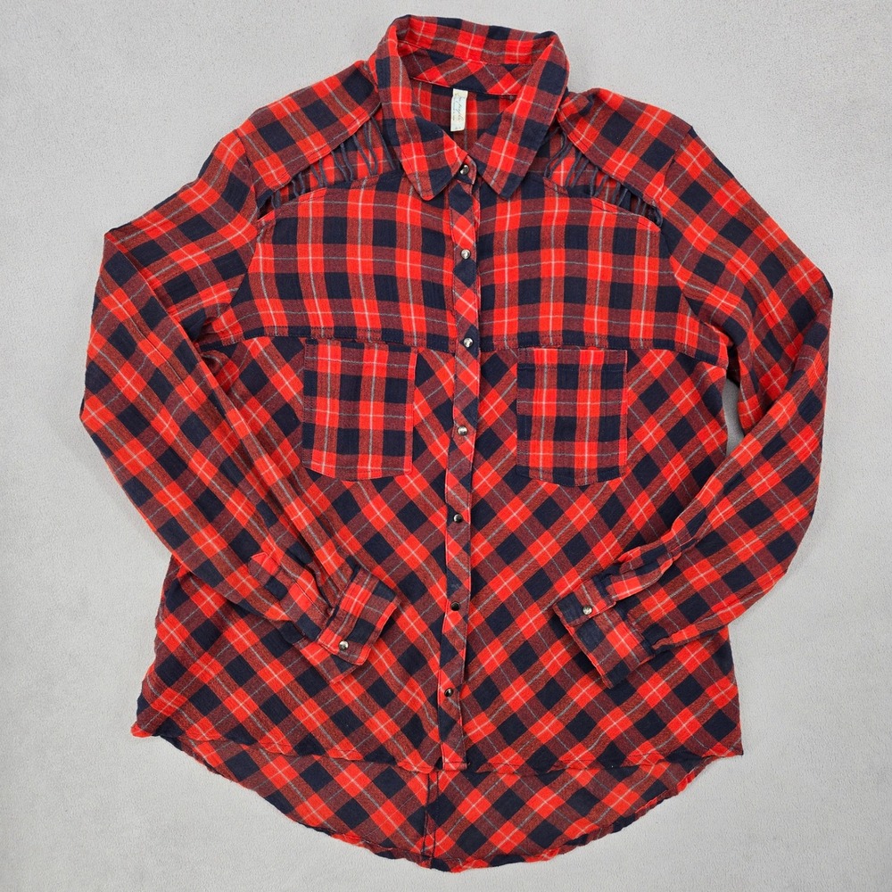 Free People Womens MEDIUM Plaid Snap Button Shoulder Cutout Boho Western Shirt